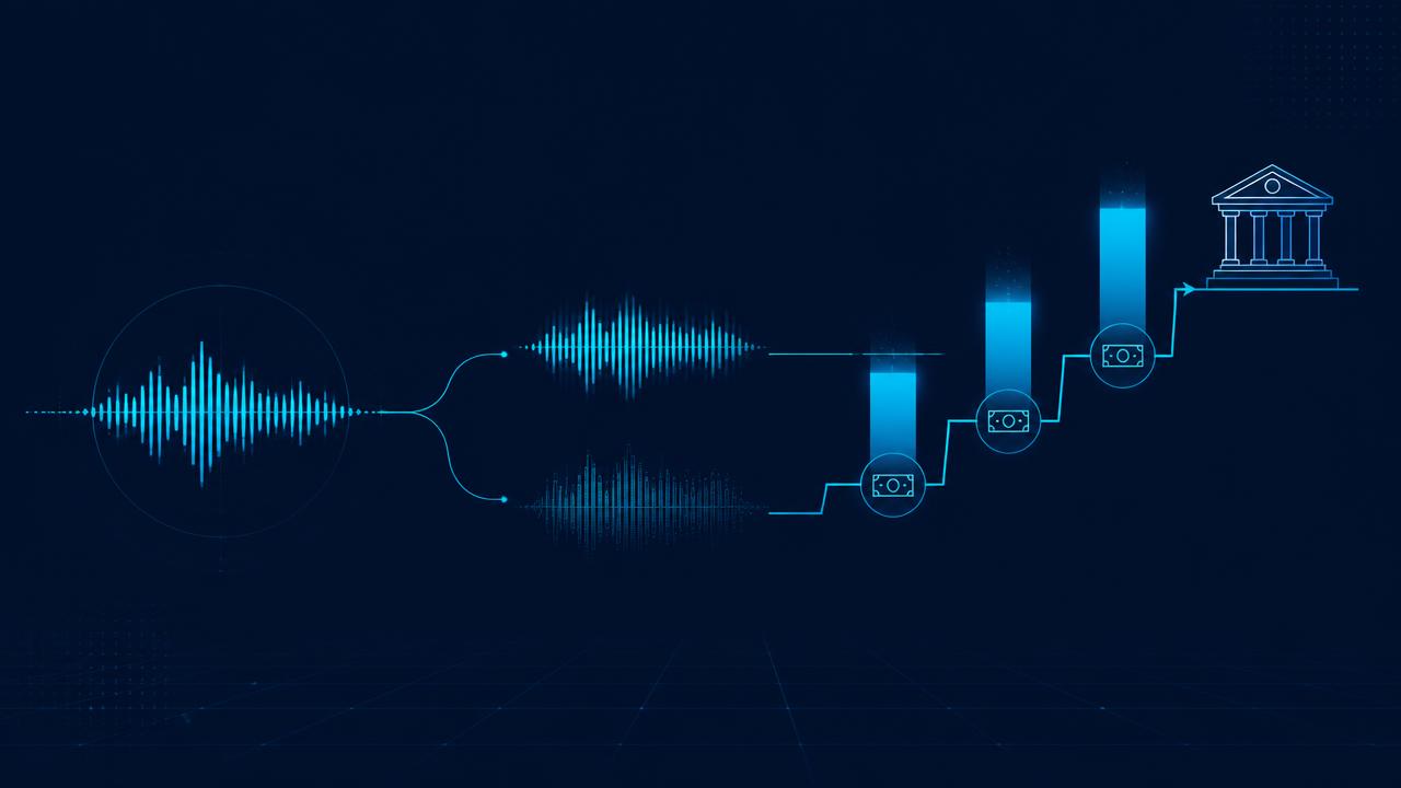A cloned voice waveform splitting into a duplicate copy, feeding an escalating staircase of wire transfer costs up to a bank