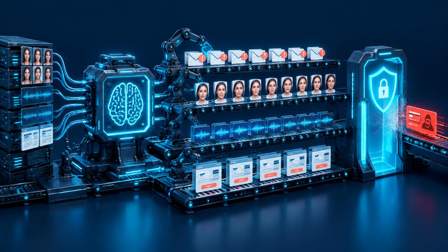 An AI-powered production line generating fraudulent emails, synthetic faces, cloned voices, and counterfeit payment pages beside an independent verification gate