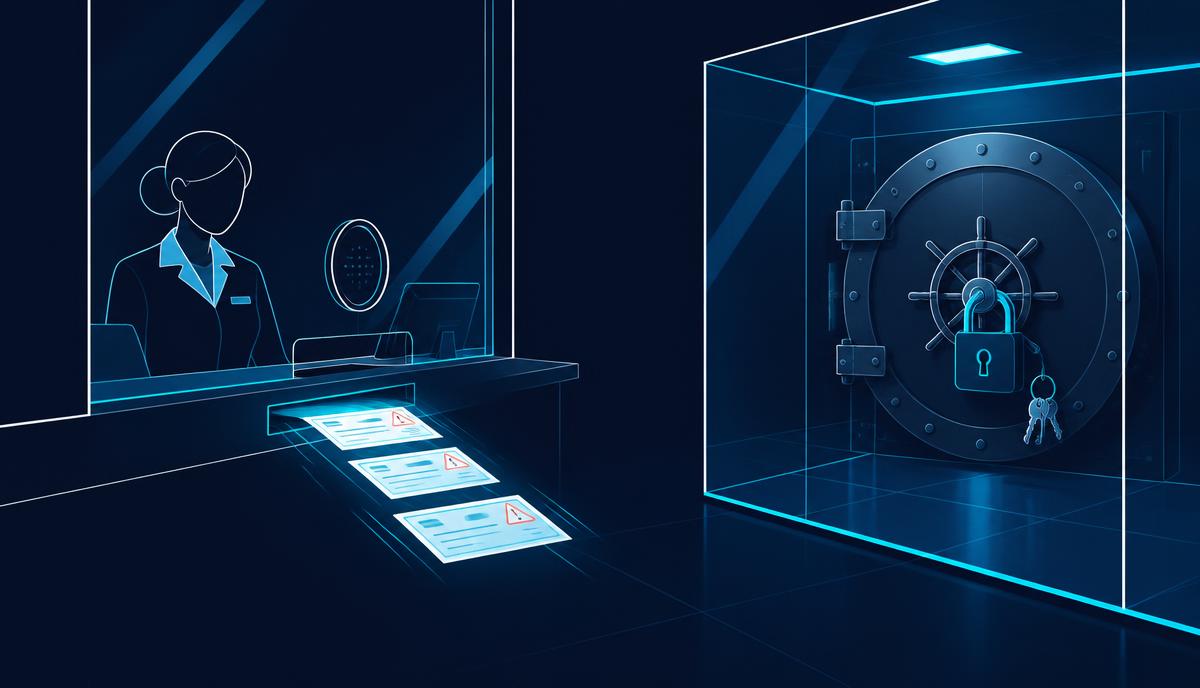 Forged withdrawal slips passing through a teller window while an untouched vault with its keys stays locked behind