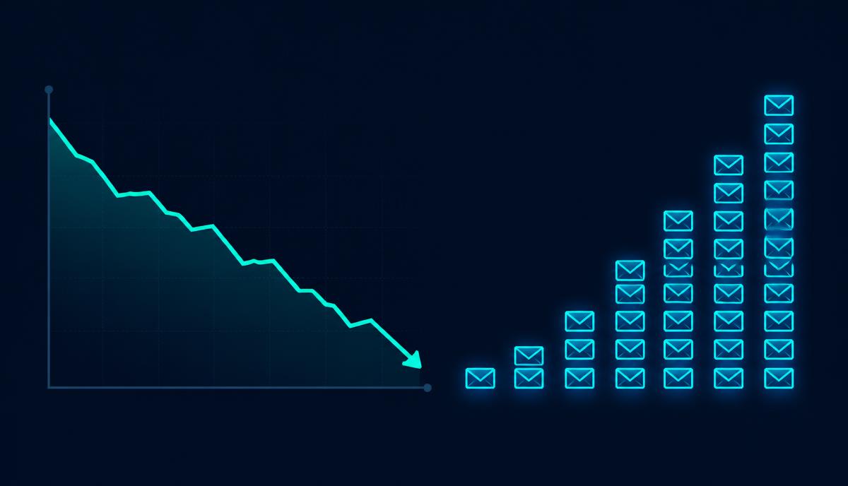 Falling phishing click-rate curve beside a rising wall of phishing emails
