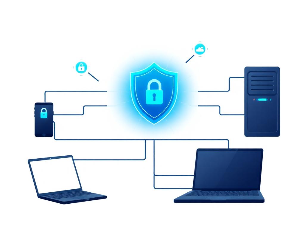 Laptop, phone and server connected to a central security shield